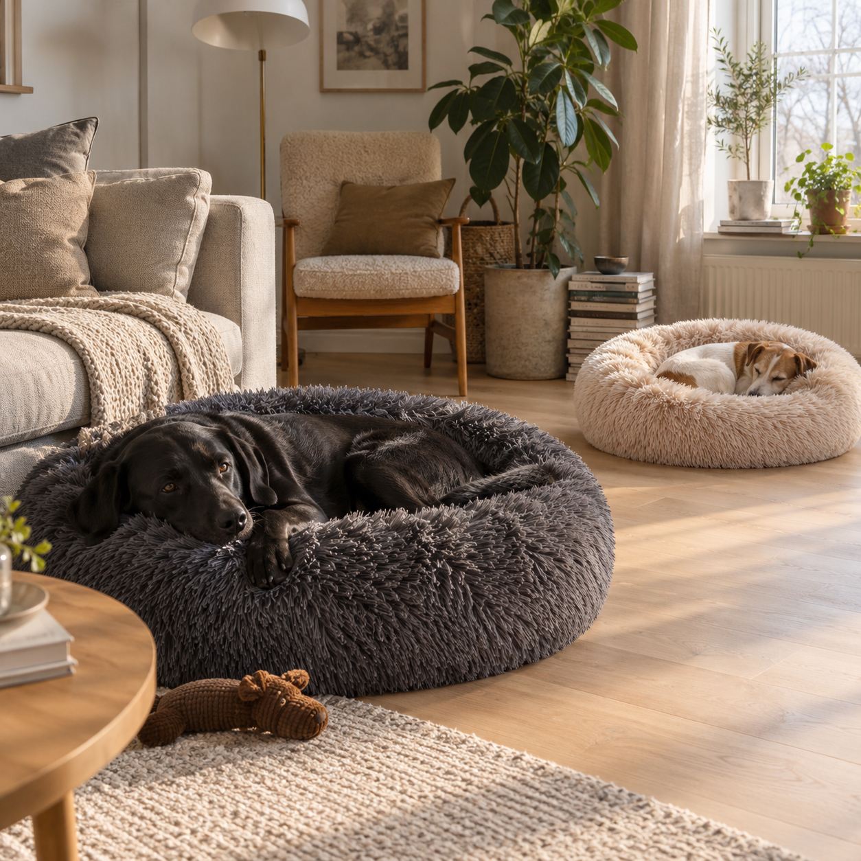 Två Pawbed hundbäddar – en vid soffan och en vid sängen